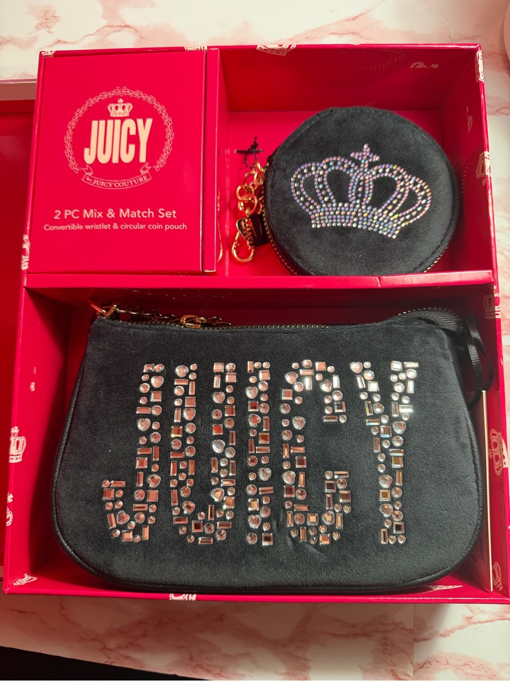 Juicy Couture Black Studded Wristlet & Round Coin Pouch Set
